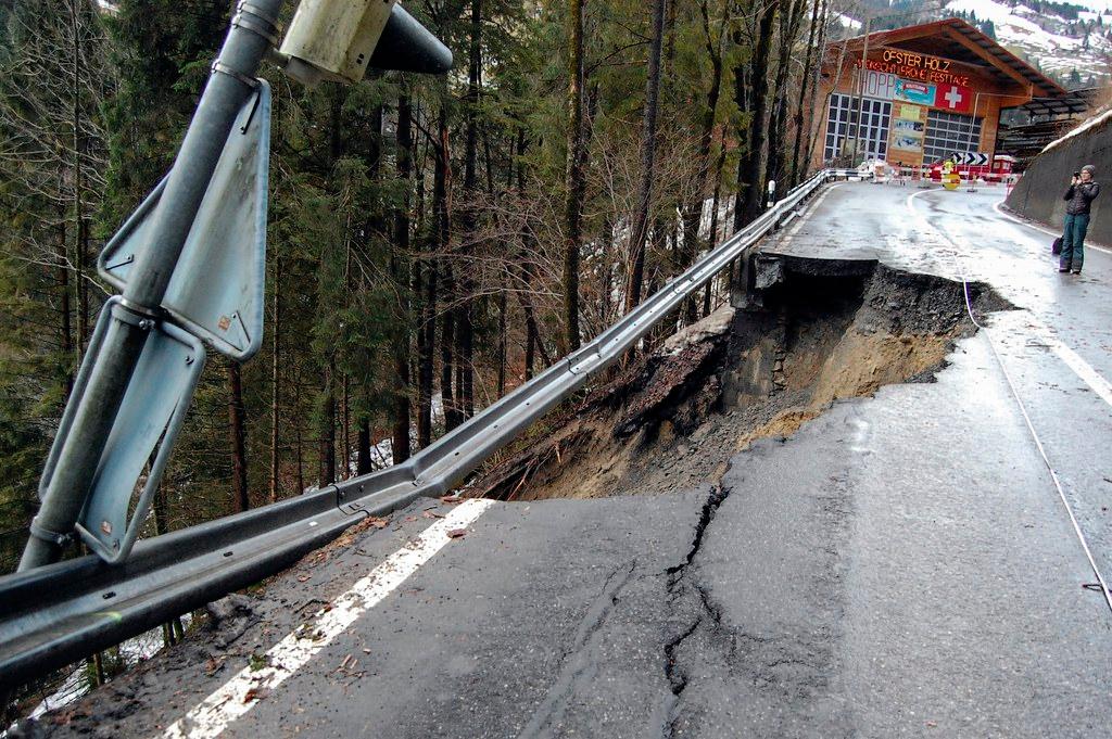 A damaged street following a landslide between Frutigen and Adelboden, Switzerland