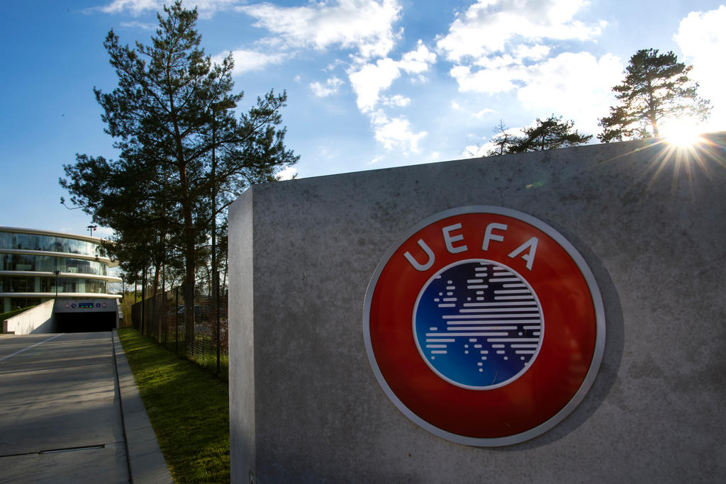 The UEFA logo at the headquarters in Nyon, Switzerland