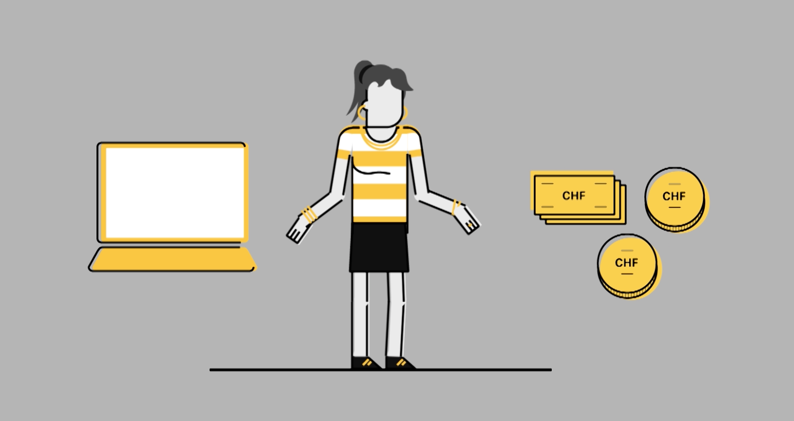 A woman stands next to coins and a computer