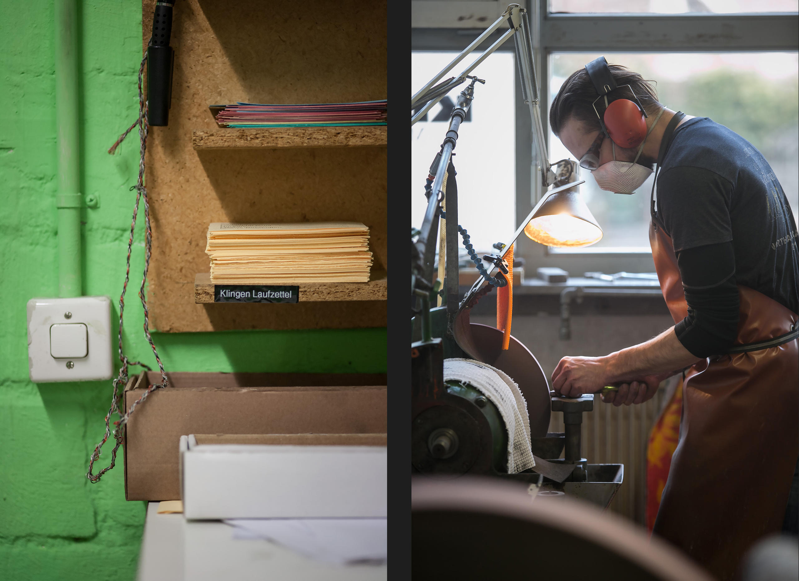 Papierstapel und Mann an Maschine