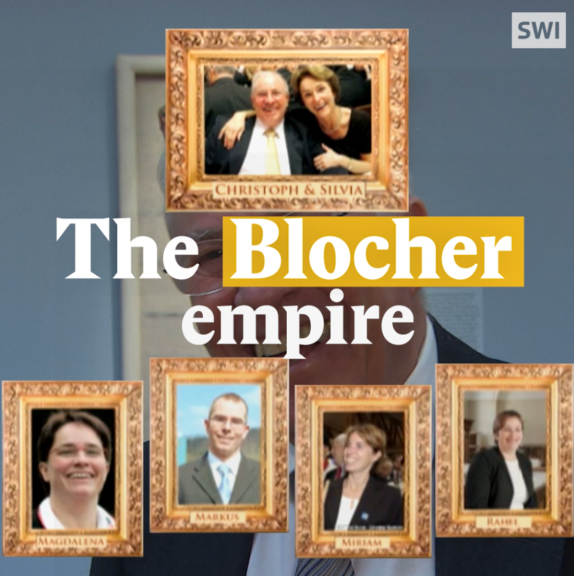 A cover image for a Nouvo video about one of the richest families in Switzerland: the Blocher.