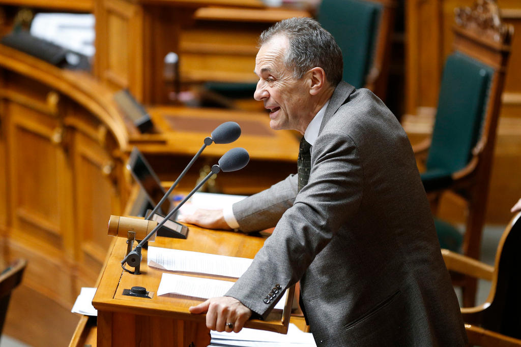 A picture of Tim Guldimann speaking at a conference in the spring session in the Swiss parliament. 