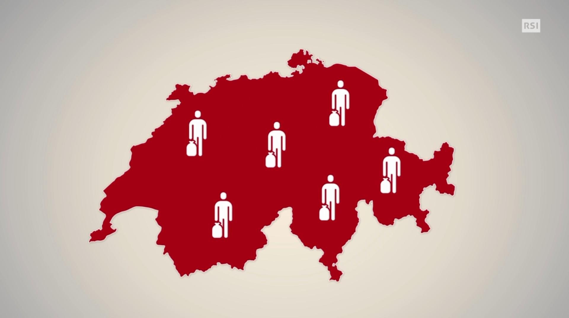 In un grafico, la silhouette della Svizzera e i 5 pittogrammi raffiguranti i migranti distribuiti per tutto il Paese.