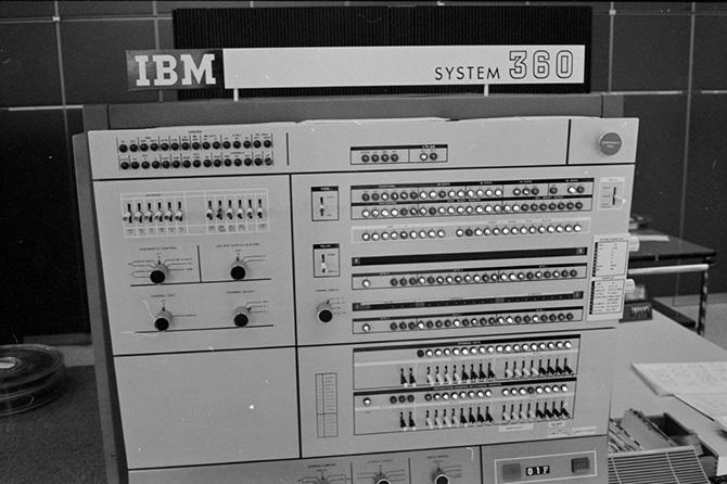 The front side showing the switches lights of a IBM computer system 360