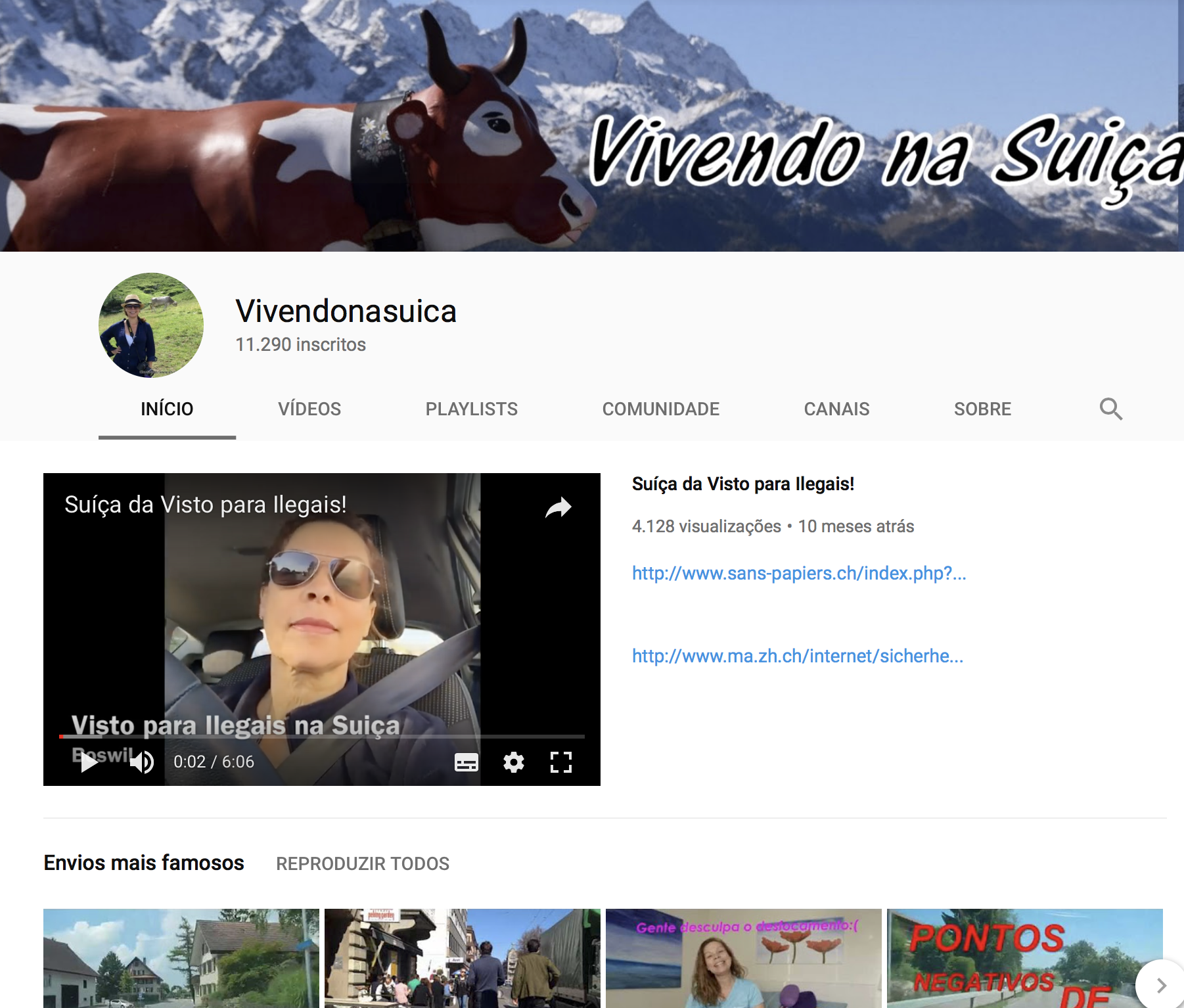 Página de abertura do canal Vivendonasuíça, no youtube