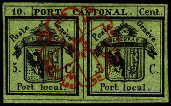 Doble Ginebra, timbre de 1843 en fondo verde con escudo en líneas negras