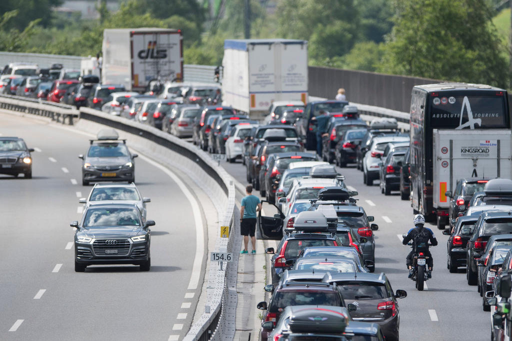 A traffic jam by the Gotthard tunnel in July