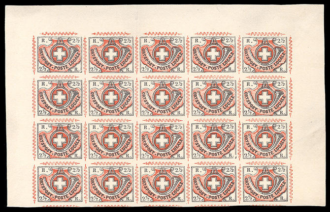 old stamp with red and white design and a Swiss flag on it
