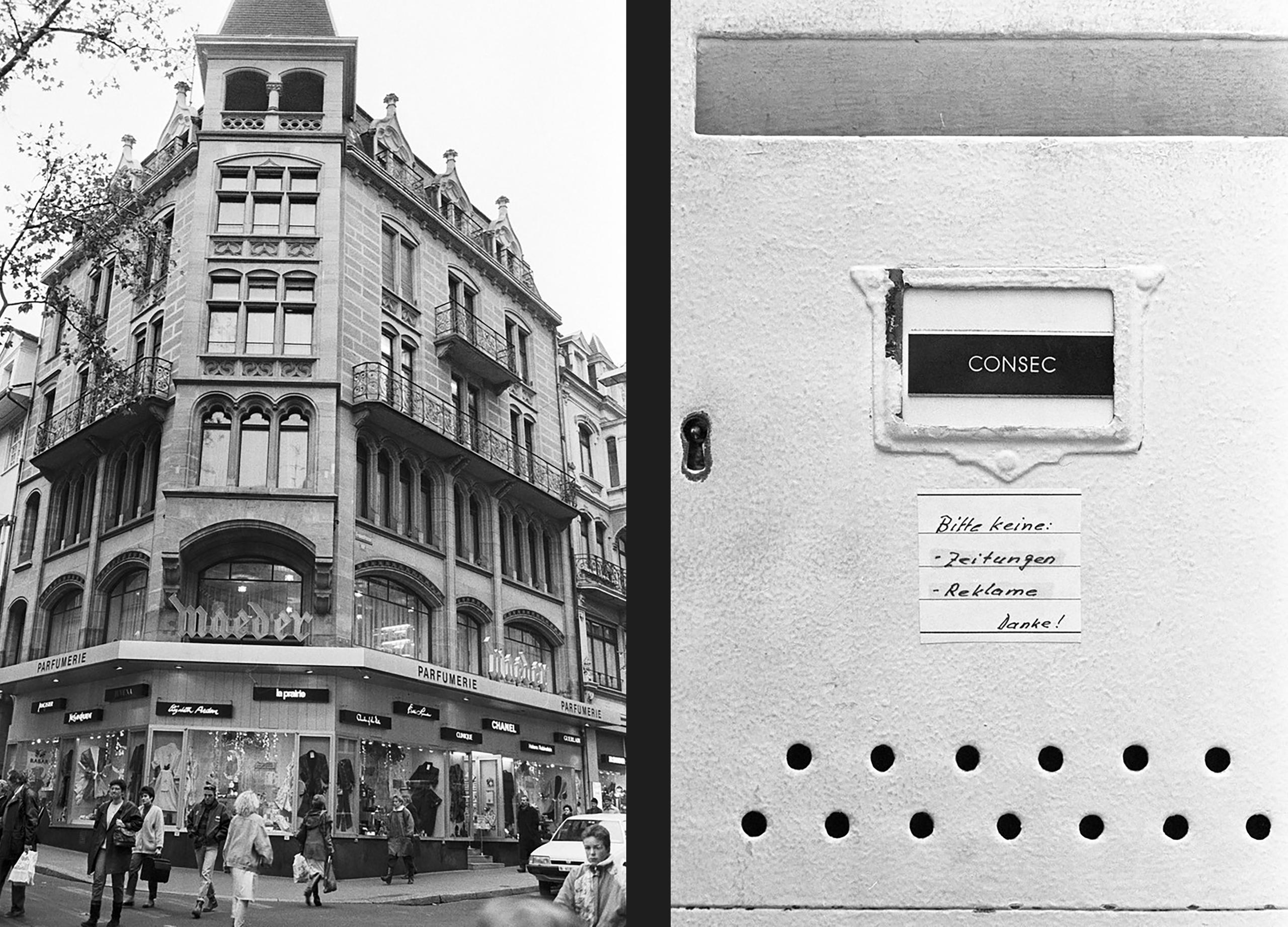 Links: Haus an der Baeumleingasse 2 in der Innenstadt in Basel. Rechts: Briefkasten; Consec AG