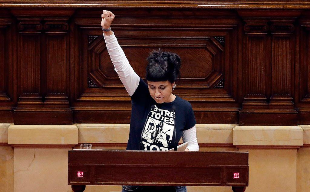 Anna Gabriel, gestures during her speech at Parliament in Barcelona, Spain in October 2017.