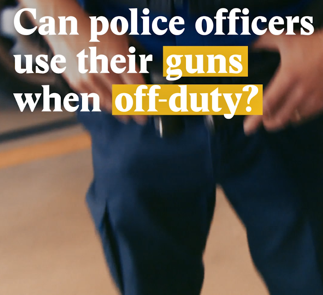 A cover image for a Nouvo video about police officers being able to use their guns when off-duty.