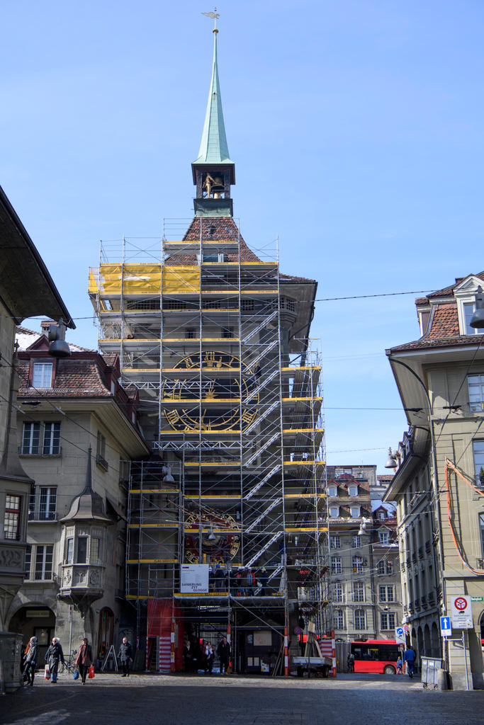 The Zytglogge in Bern with scaffold around the tower.