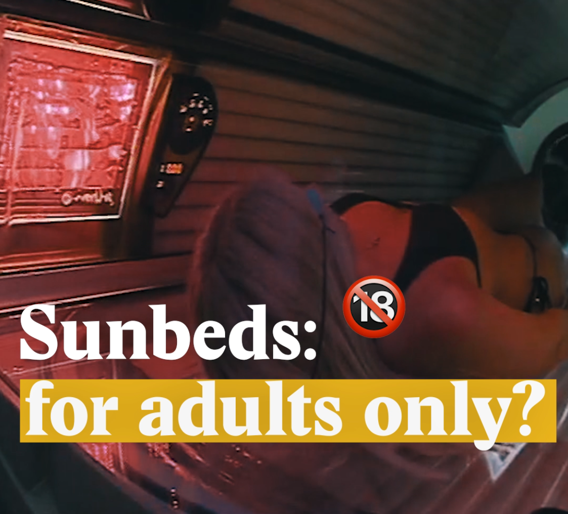 A cover image for a Nouvo video about the risks related to using sunbeds.