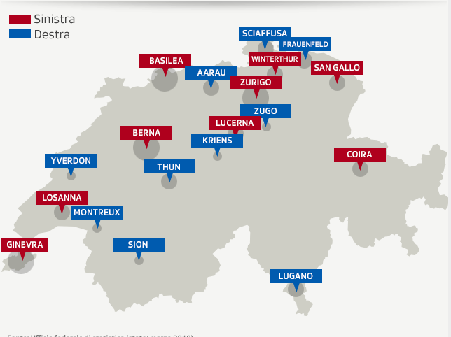 mappa della svizzera con le città segnate in rosso e blu