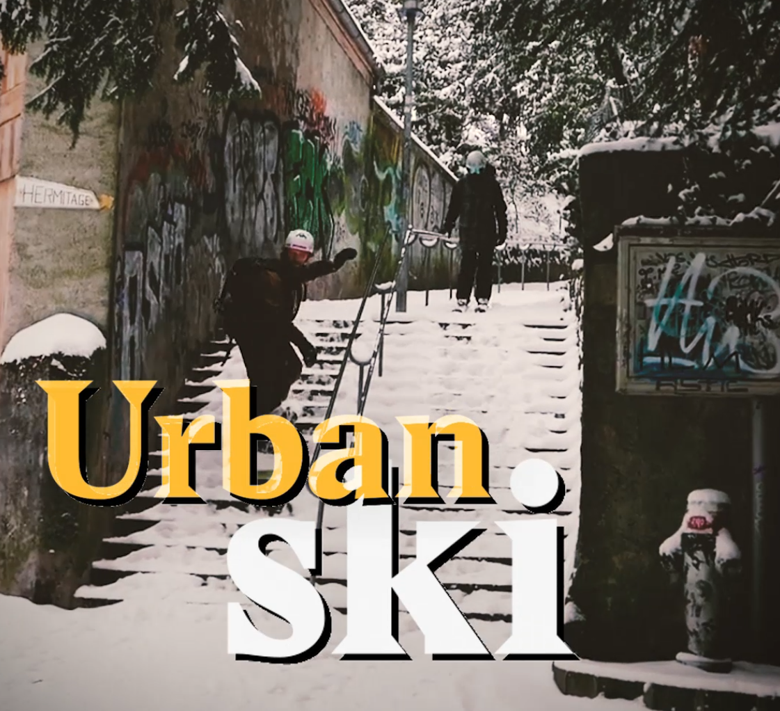 A cover image for a Nouvo video about urban skiing.