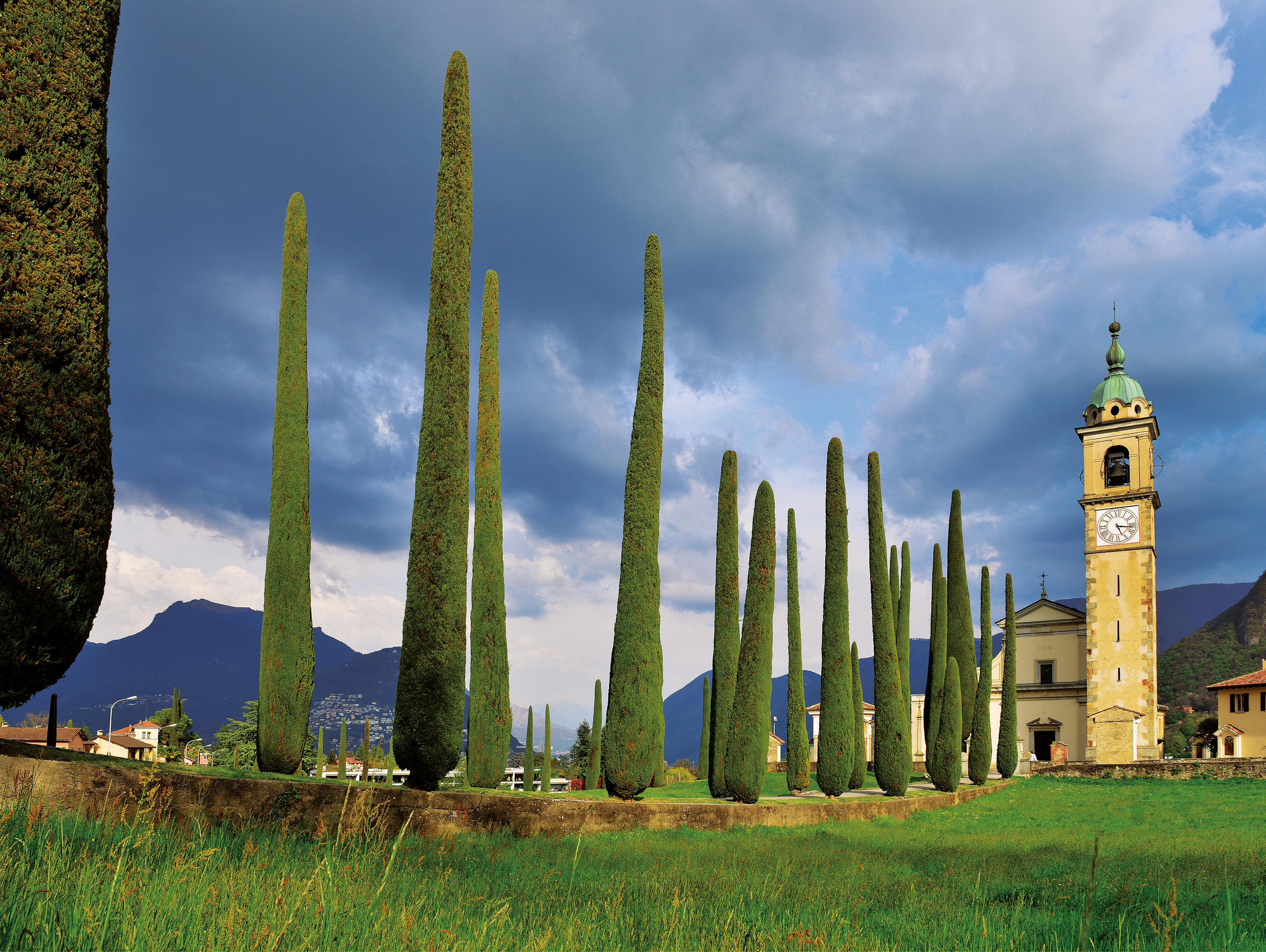 Viale di cipressi davanti a una chiesa.