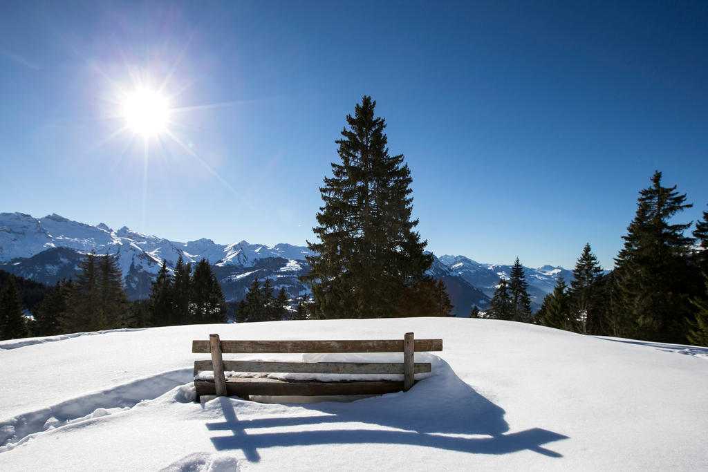 Banca en medio de la nieve en Ibergeregg, cantón de Schwytz.