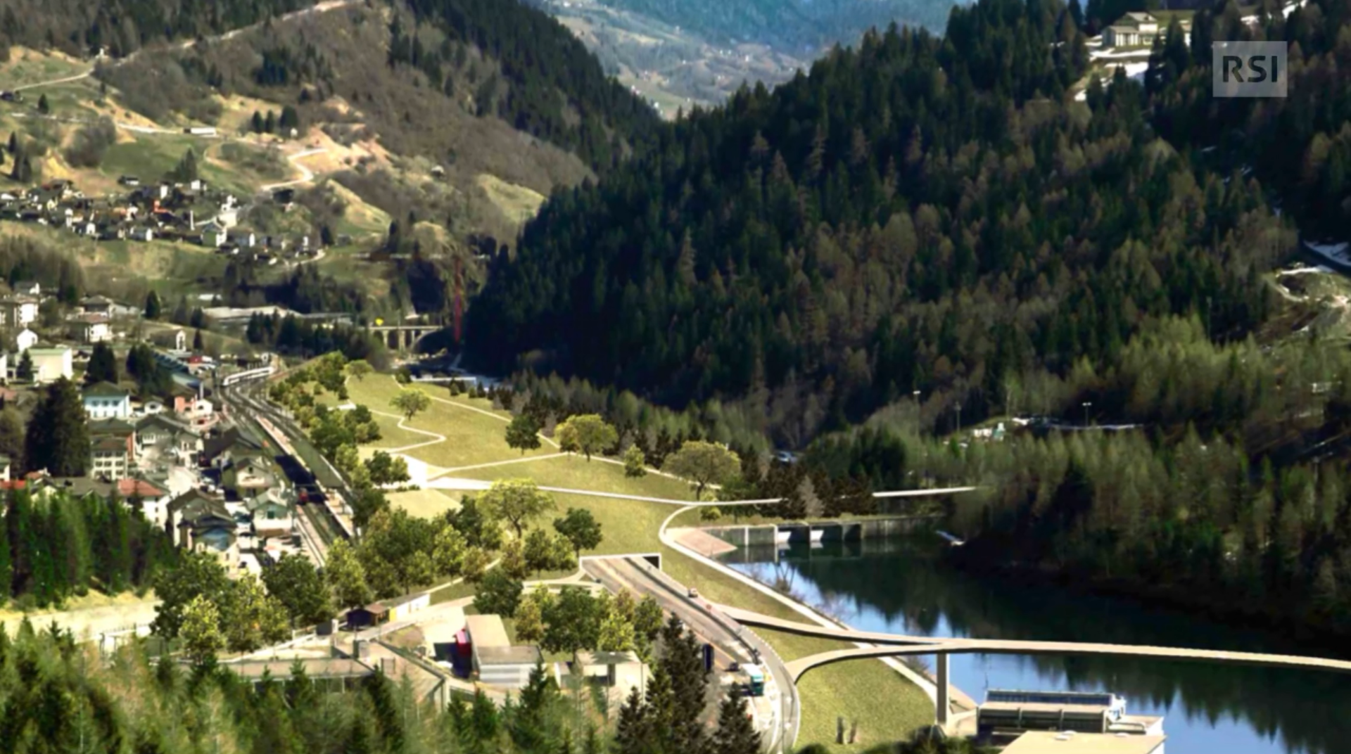 Immagine di un parco sul fondovalle di Airolo con escursionisti e passanti, cielo sereno e montagne innevate