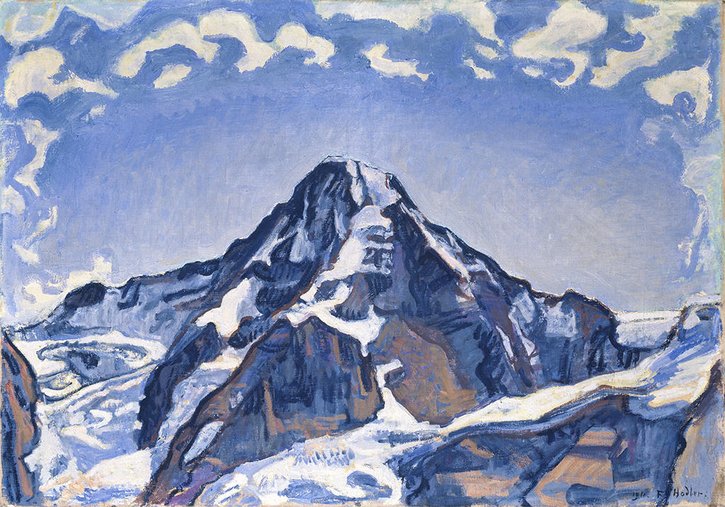 Image of a painting of a mountain in blue and white