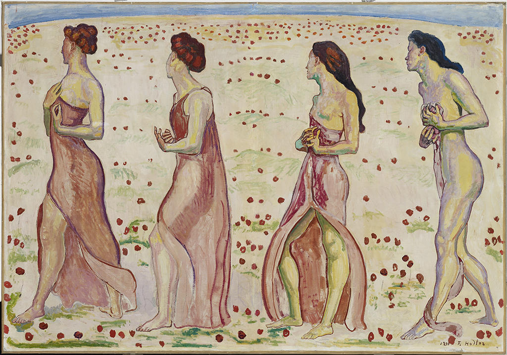 portrait of 4 female figures walking towards the left with heads turned