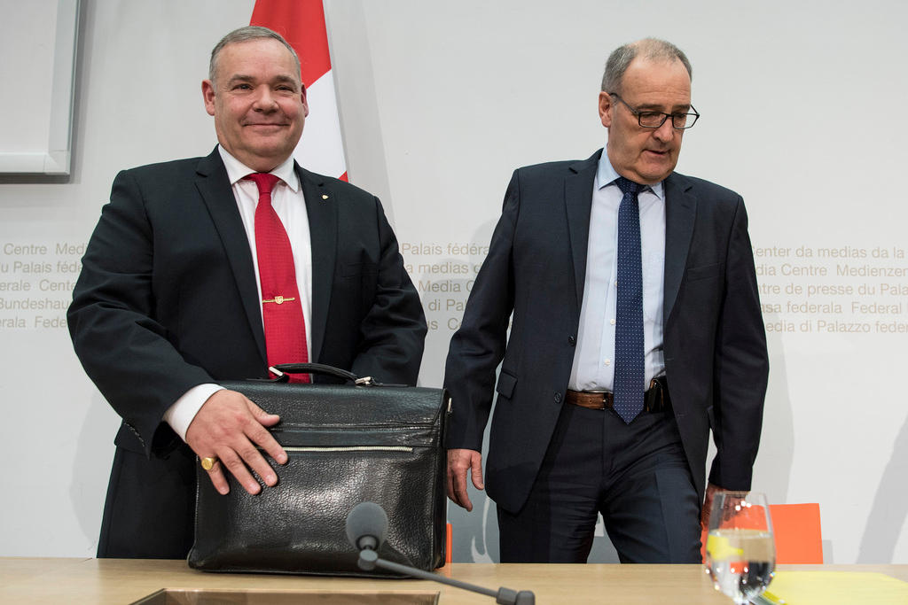 Jean-Philippe Gaudin, head of Federal Intelligence Service, (left) with Defence Minister Guy Parmelin