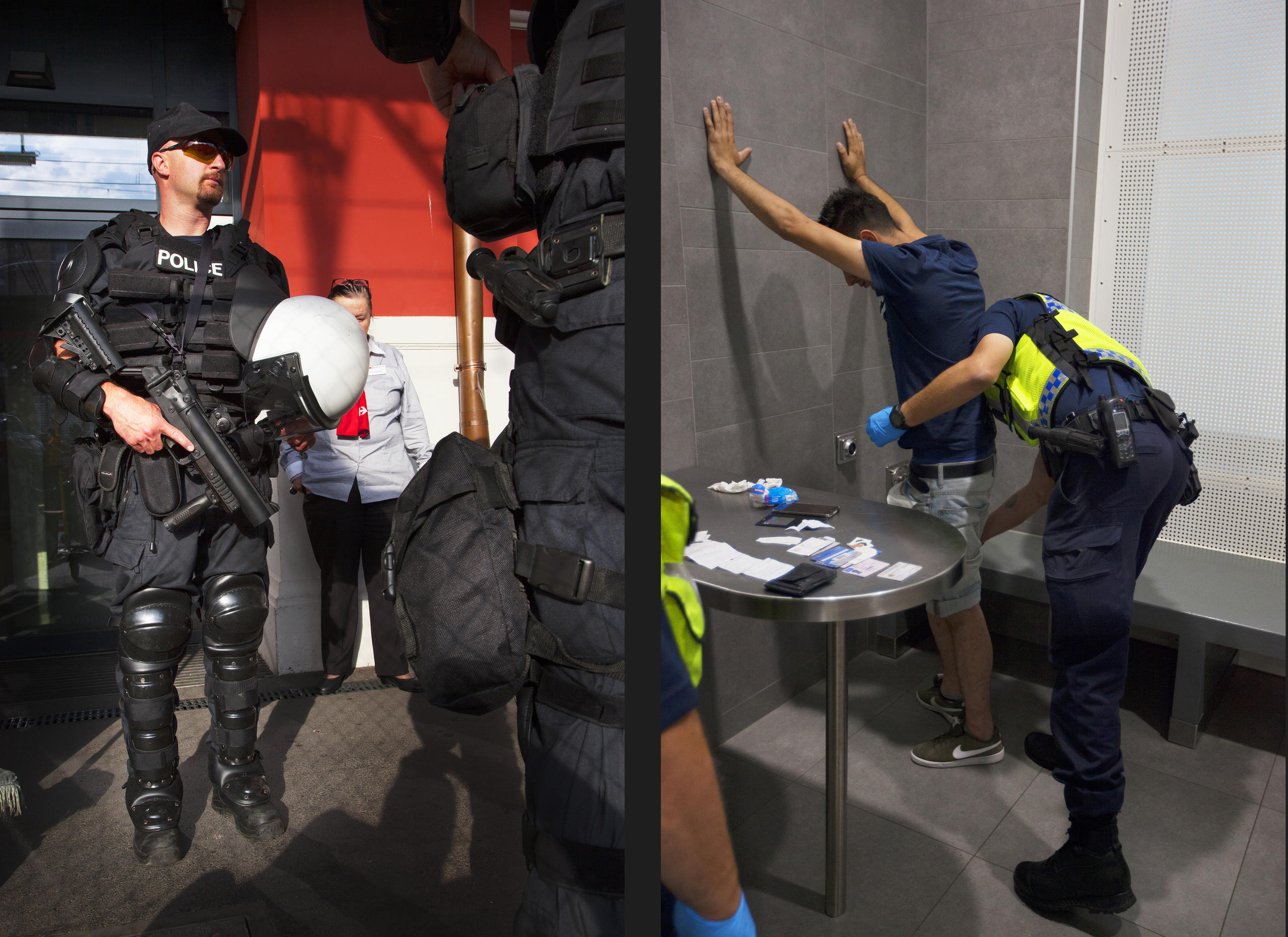 Foto divisa in due. Poliziotto in tenuta anti-sommossa; agente che effettua una perquisizione