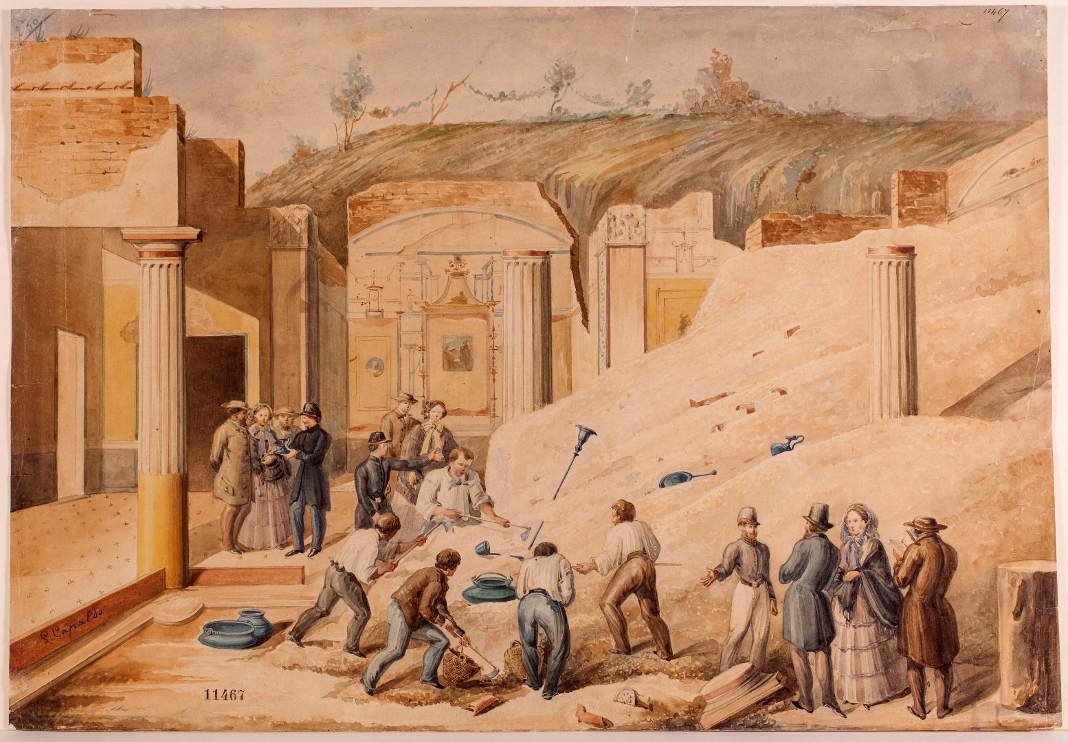 Dipinto ottocentesco che raffigura uno scavo archeologico a pompei, con persone al lavoro e altre a guarare