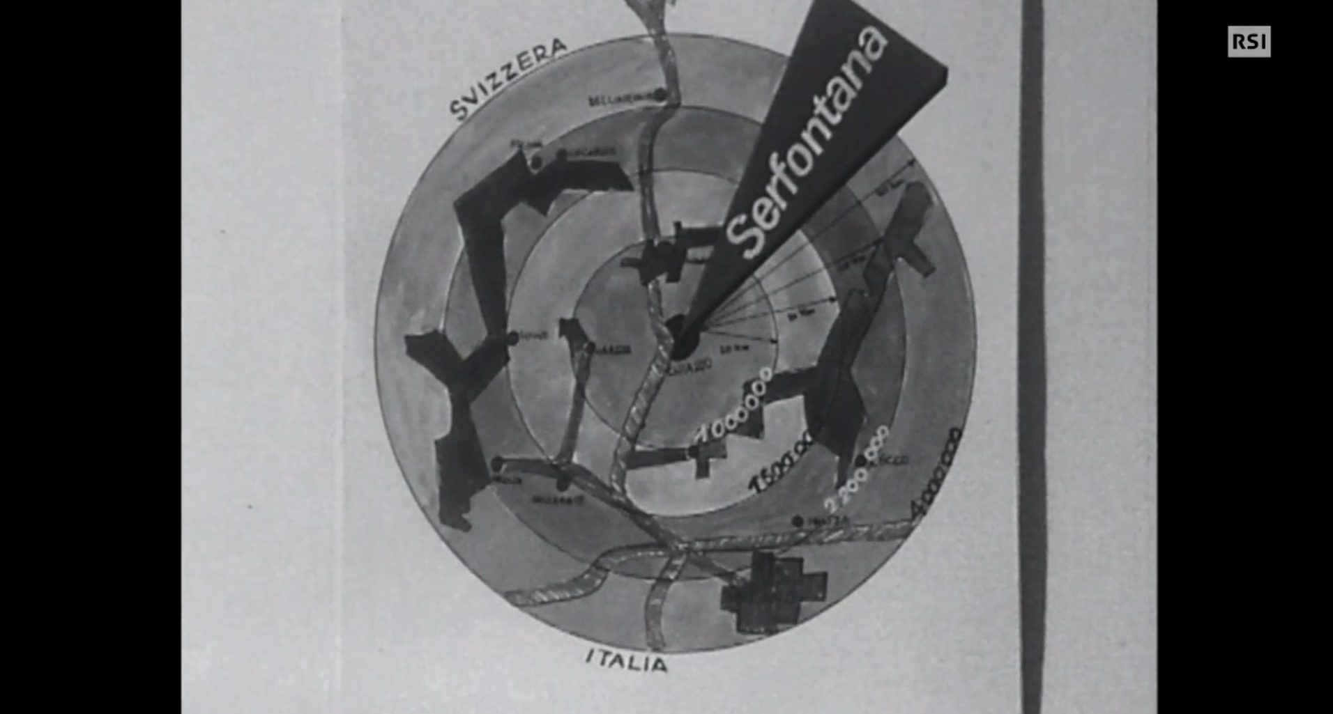 Cartina stilizzata della regione di confine Svizzera-Italia con cerchi concentrici e numero di abitanti