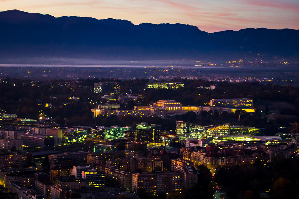 An aerial view shows the European headquarters of the United Nations in Geneva