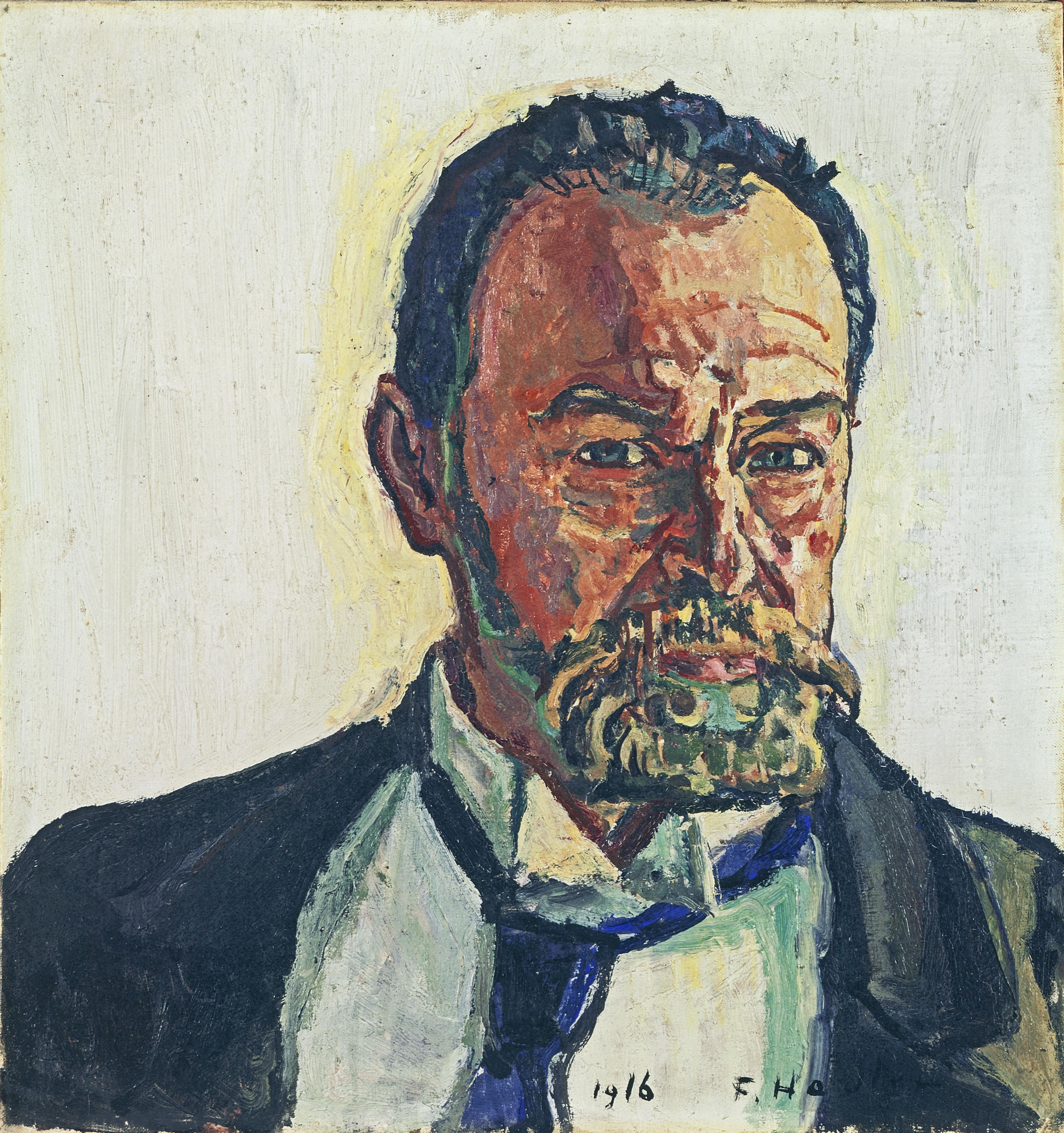 painted portrait of a man with beard, receding hair, wearing shirt, blue tie and jacket