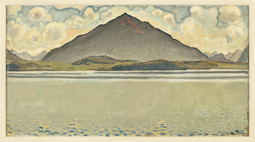 image of a painting of a lake and mountain in the background