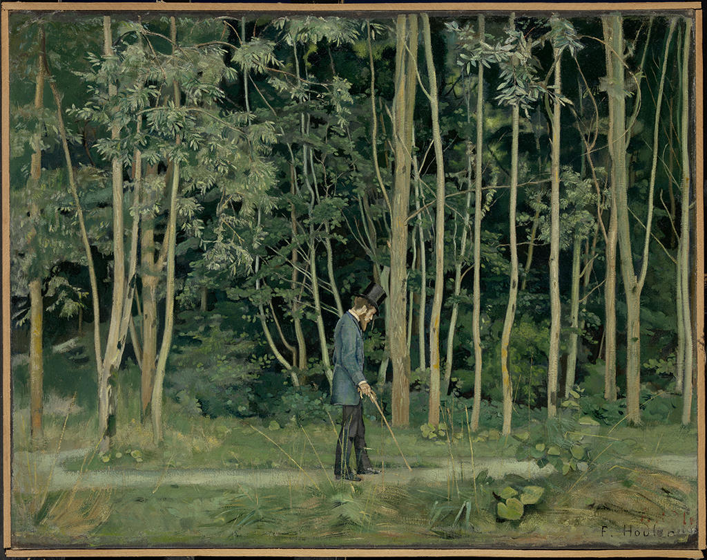 A painted forest scence in green with a man in the foreground with walking stick