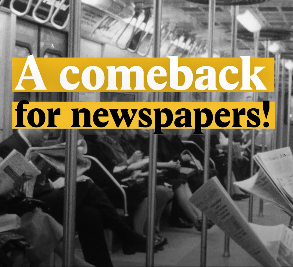A cover image for a Nouvo video about people reading more regional newspapers on paper rather than online.