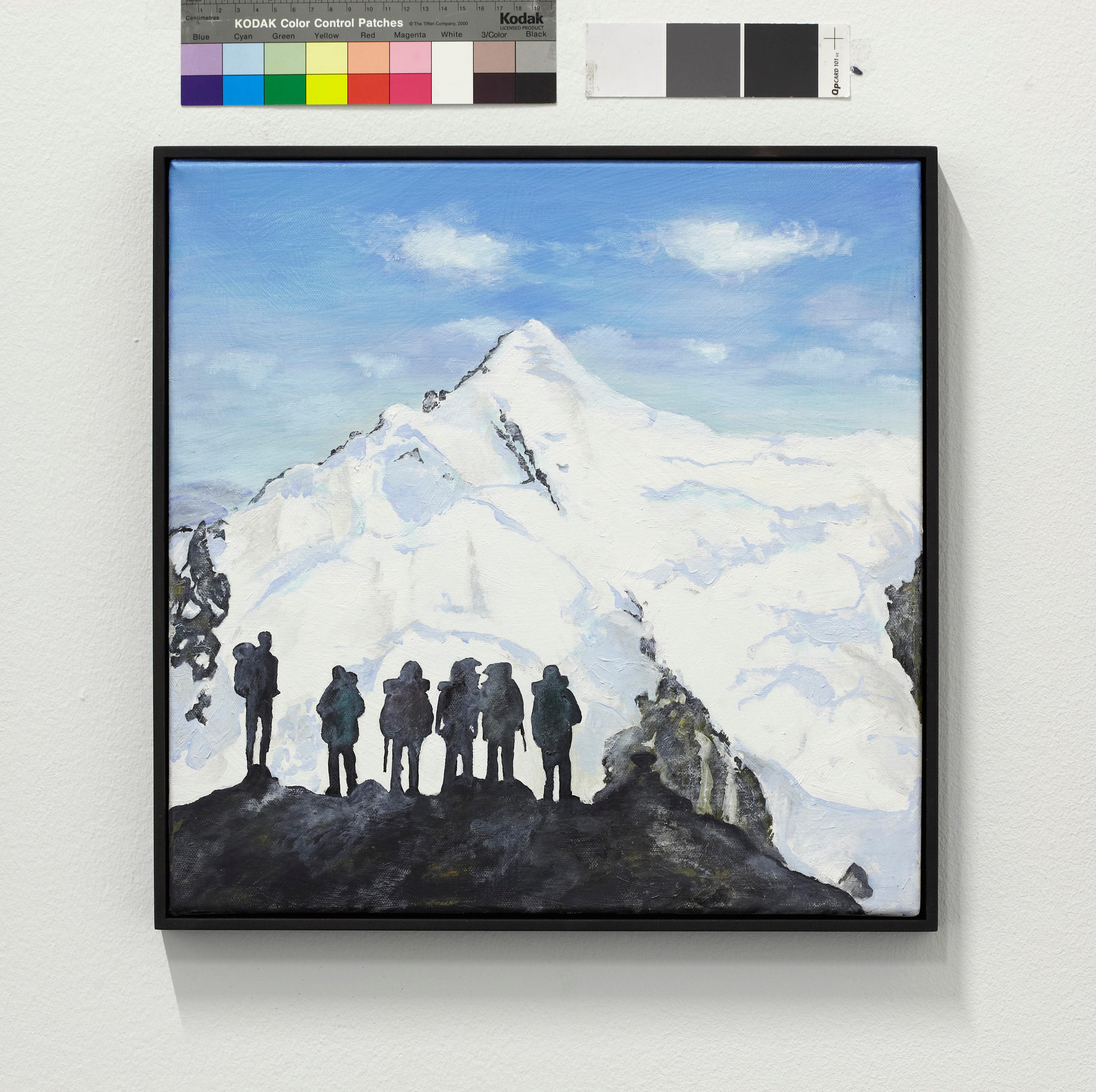 Painting of hikers on ridge with white peak in distance