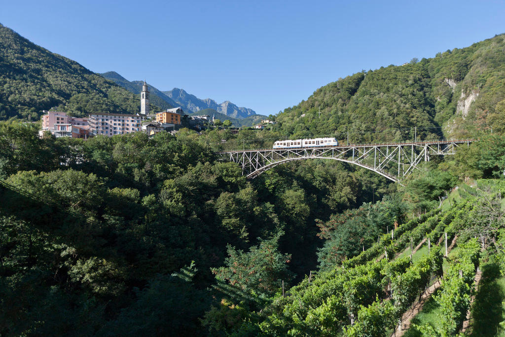 treno della ferrovia della Centovalli sul viadotto di Intragna