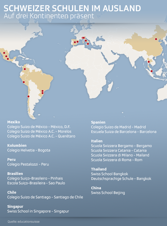 Weltkarte mit Standorten der Schweizer Schulen im Ausland