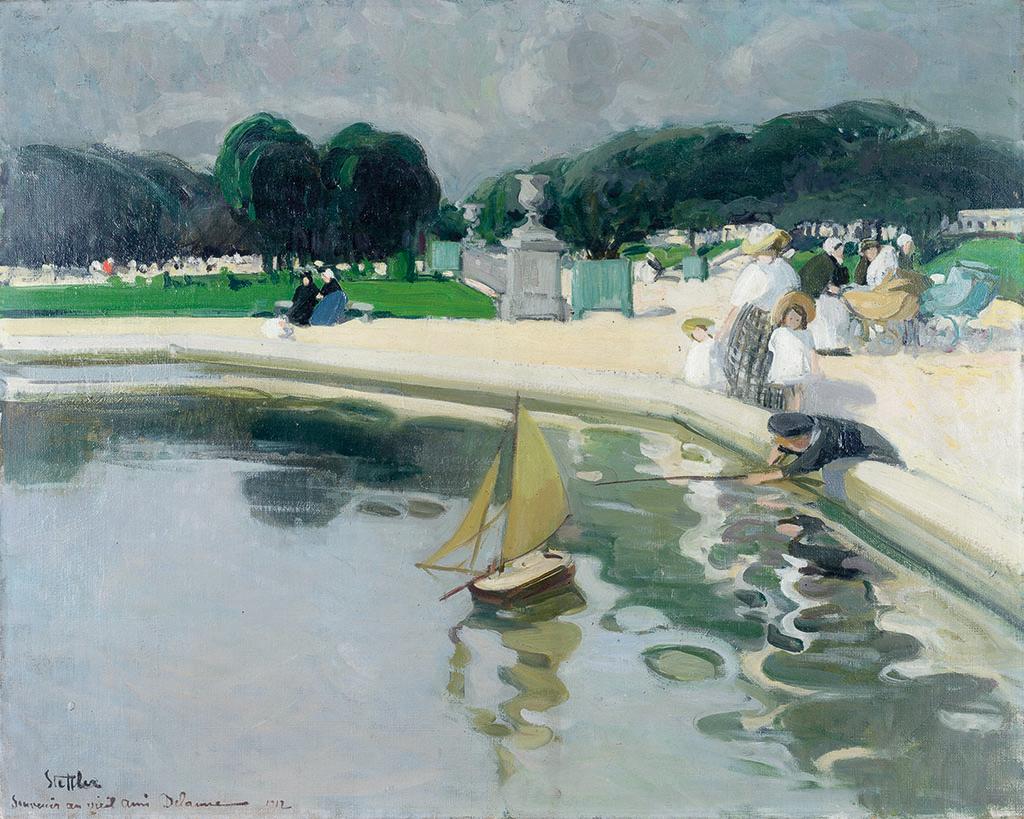 Painting of a Park area. In the foreground a toy ship floating upon the surface of a pond and a young child