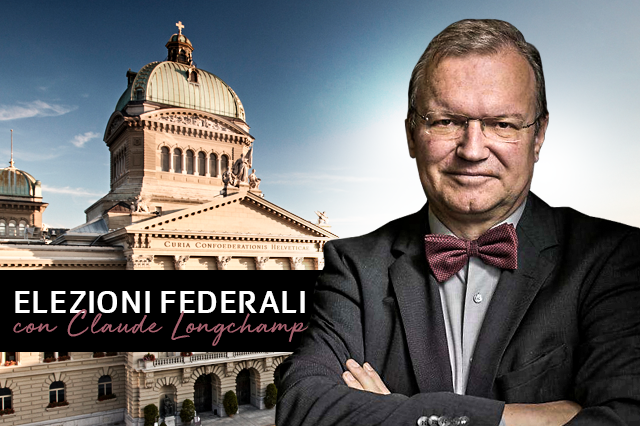 Claude Longchamp a mezzo busto e sullo sfondo il Palazzo federale a Berna.