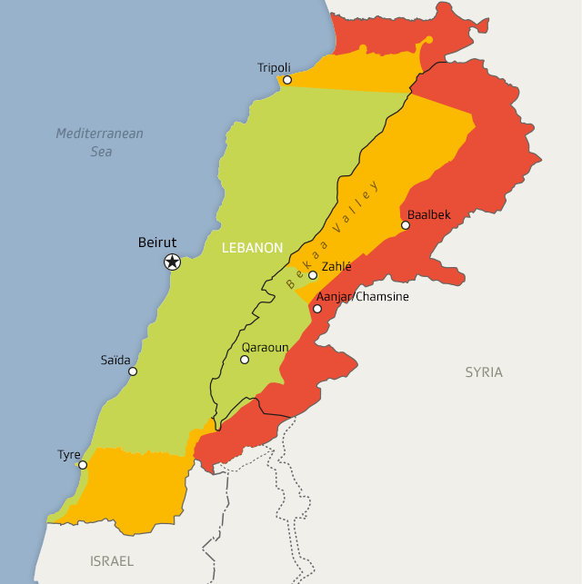Karte des Libanon mit grüner, gelber und roter Sicherheitszone