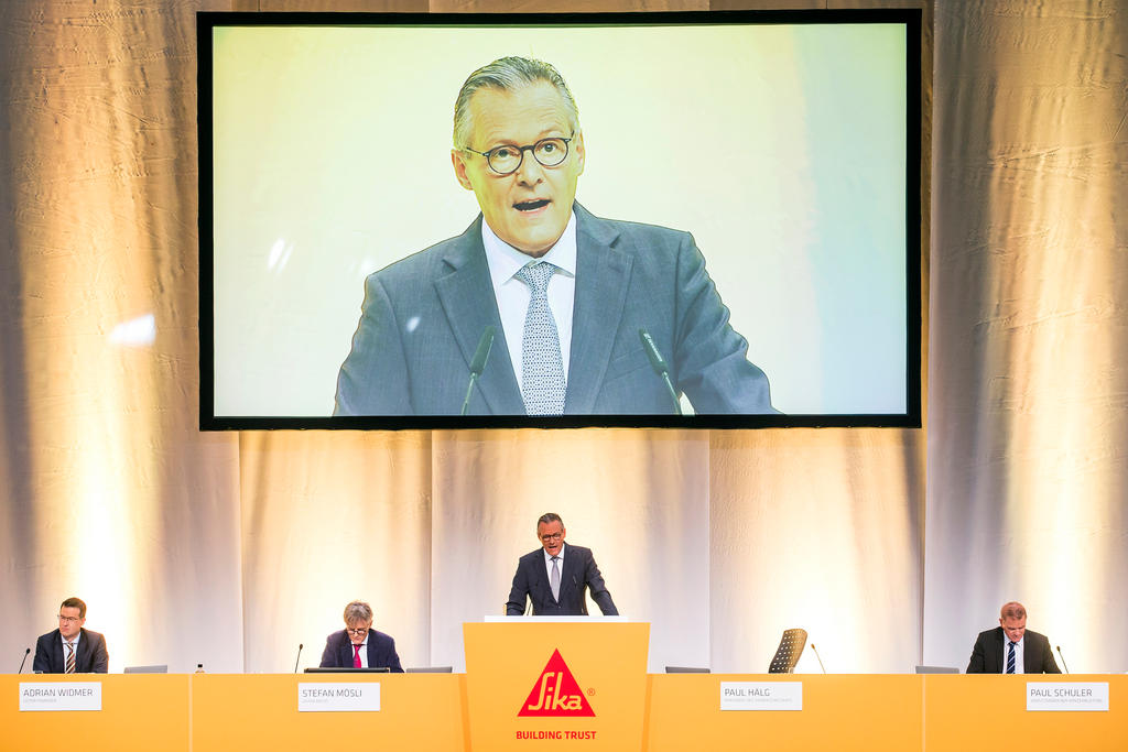 Paul Hälg, chairman of Sika s board of directors, speaks during the company s AGM in April