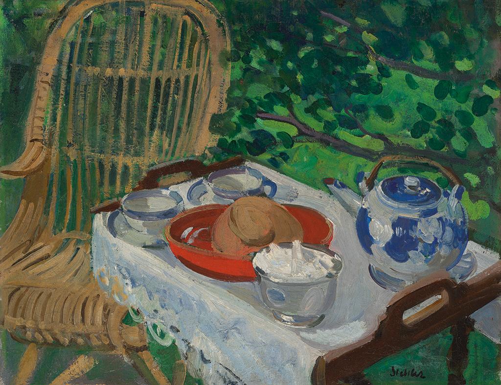 A painting depicting a zable with food and a teapot upon it and a wicker chair.