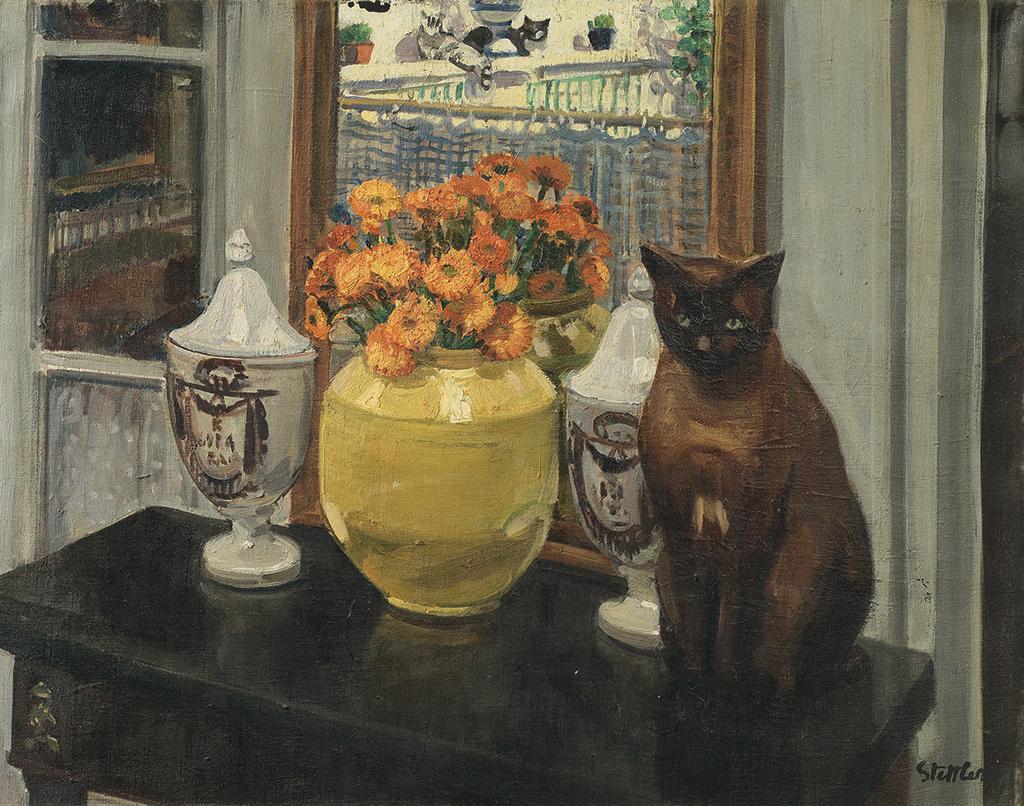 Painting of a cat sitting upon a table next to a vase of flowers.