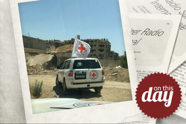 An ICRC aid convoy in Daraya, Syria, in 2016