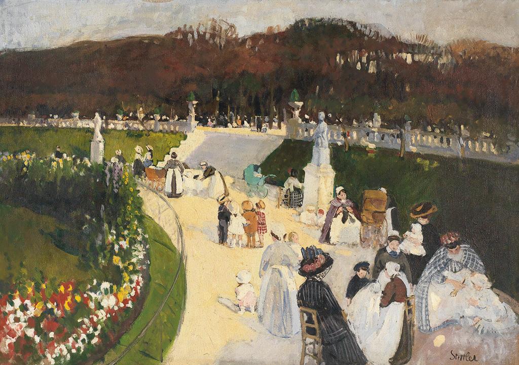 Painting of women and children at a park.