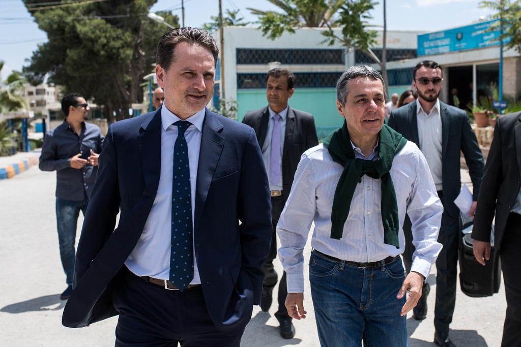UNRWA head Pierre Kraehenbuehl, left, and Swiss Federal Councillor Ignazio Cassis, right