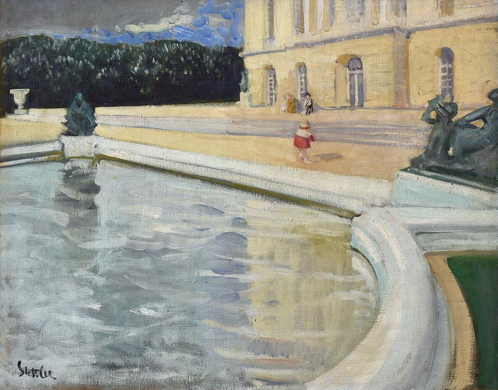 Painting of a pond in the foreground and child in front of a building.