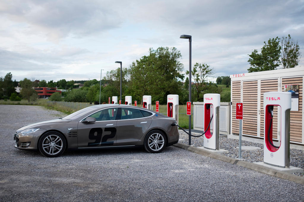 A Tesla Model S charging up in Bern