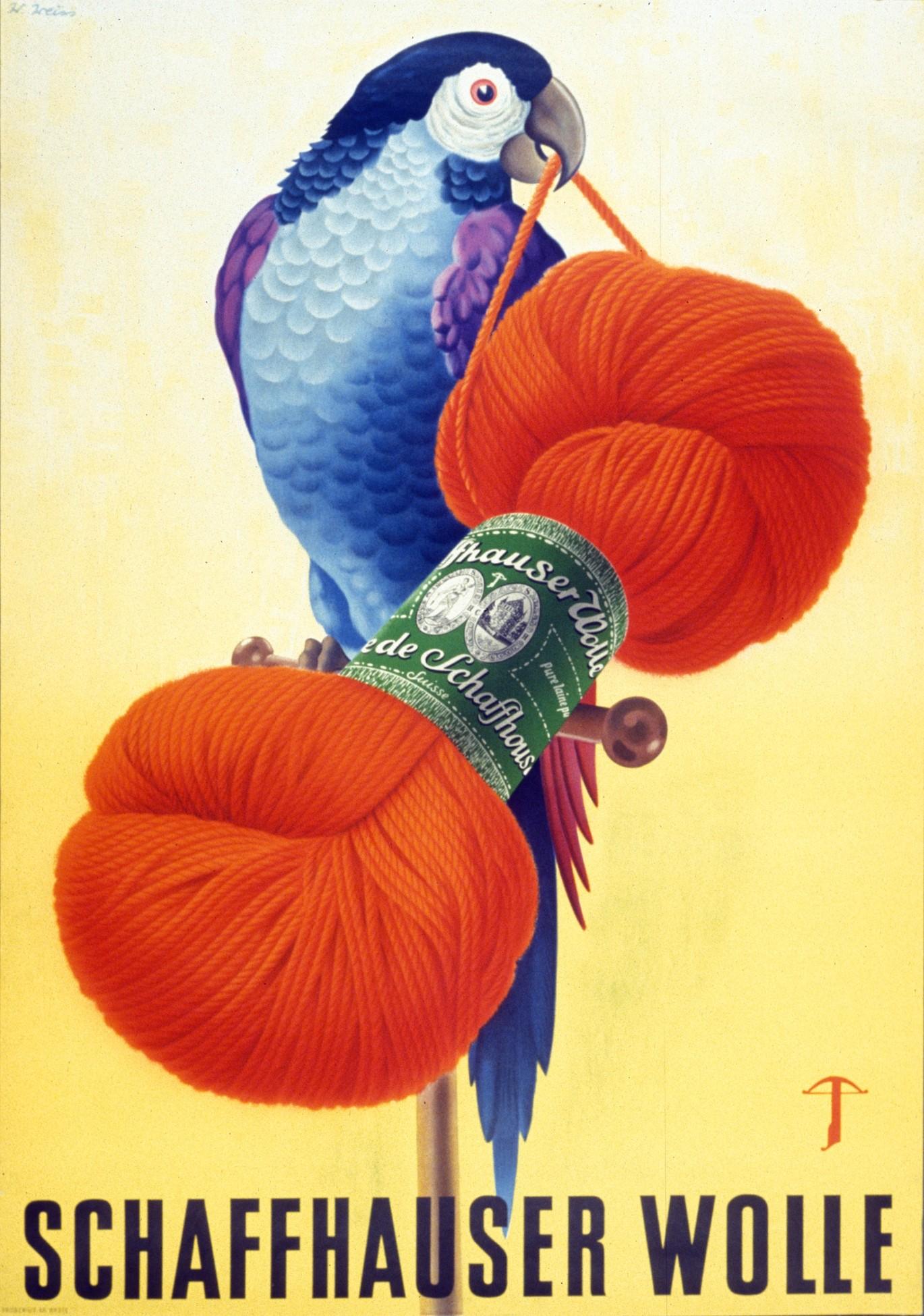 poster with a parrot holding a ball of wool
