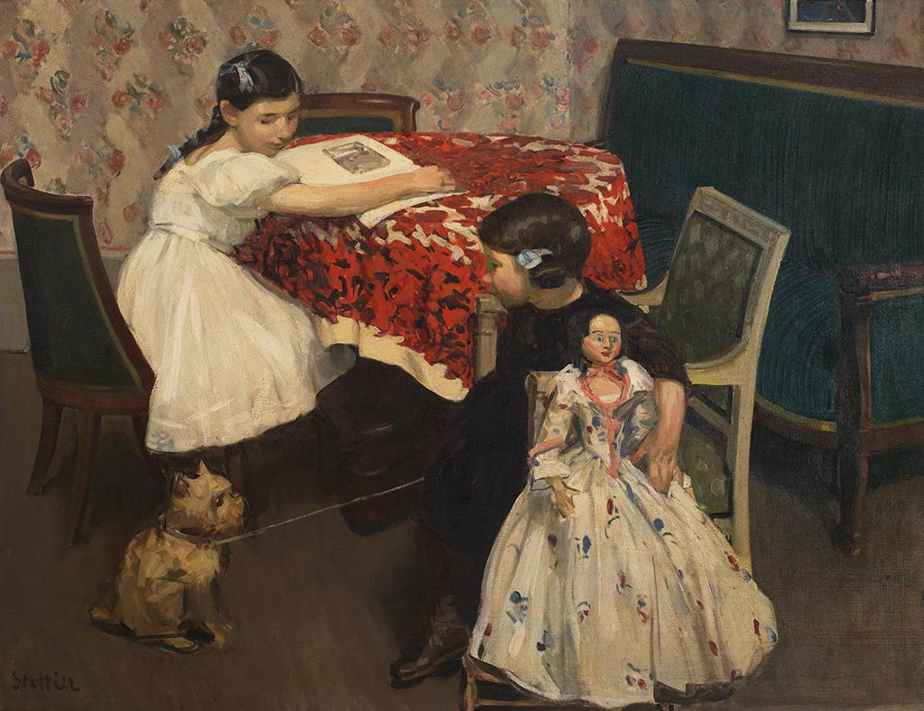 Painting depicting two young girls sitting at a table with a dog on a line.