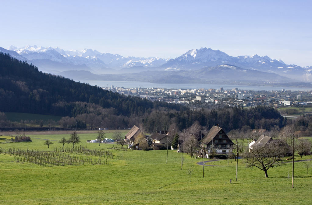 The city of Zug framed by mountains